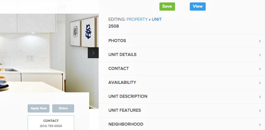 edit unit details in Pendo's rental listing website builder