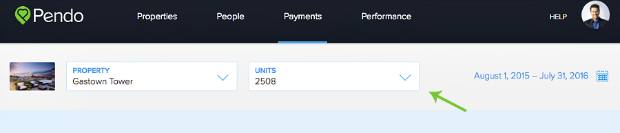  filter transactions by property and unit on Payments page Pendo